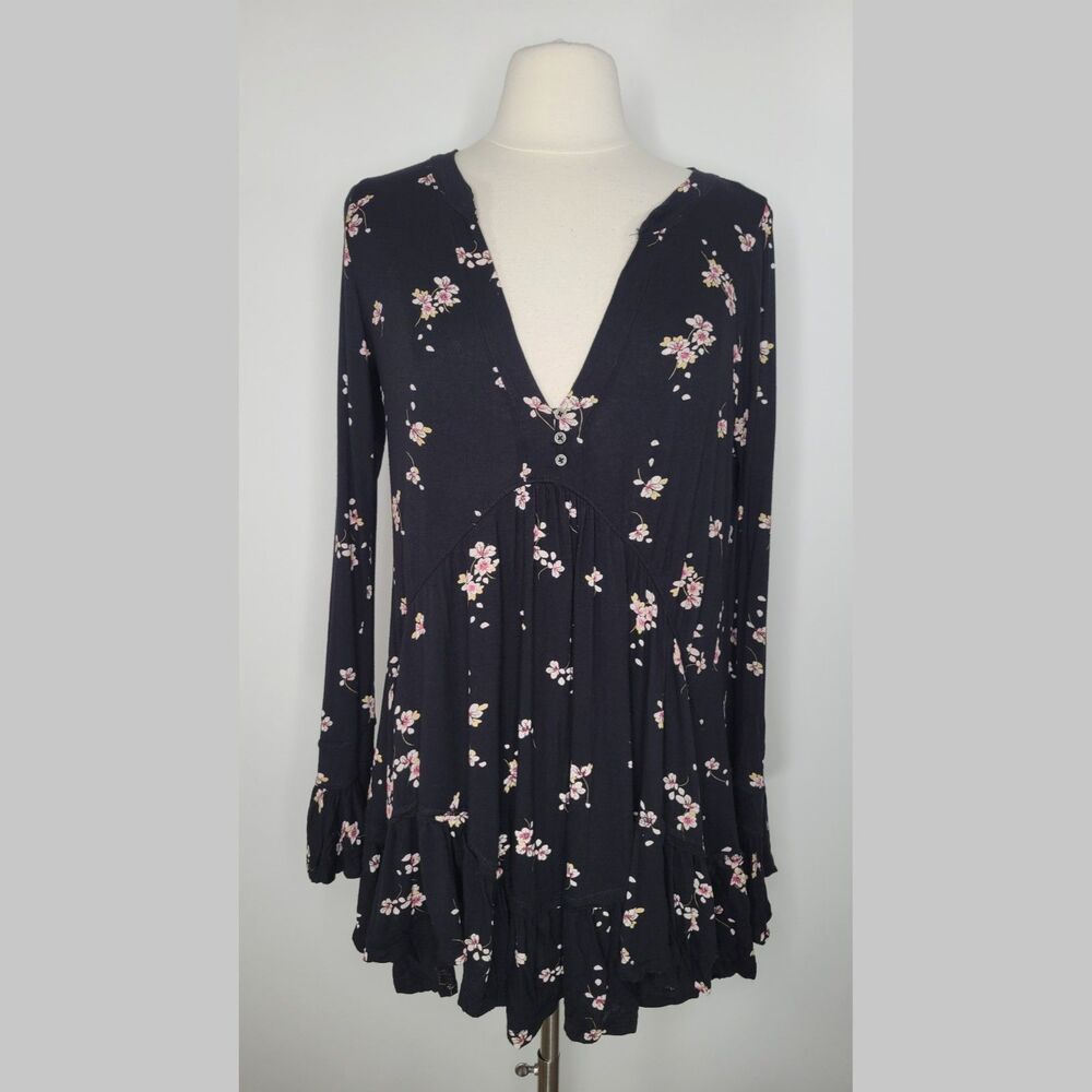 FREE PEOPLE Dark Floral Micro Mini Dress Size XS Olivia Bell Sleeve V Neck Tunic